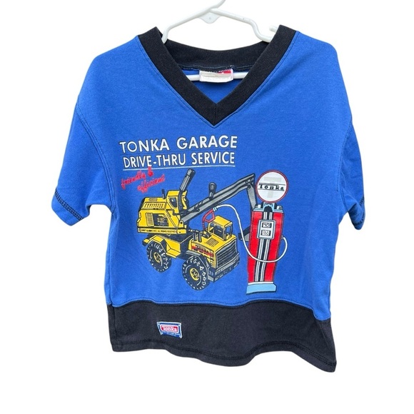 VTG Tonka Truck Garage Service V-Neck Shirt Size 4 Blue Black Colorblock Canada - Picture 1 of 11